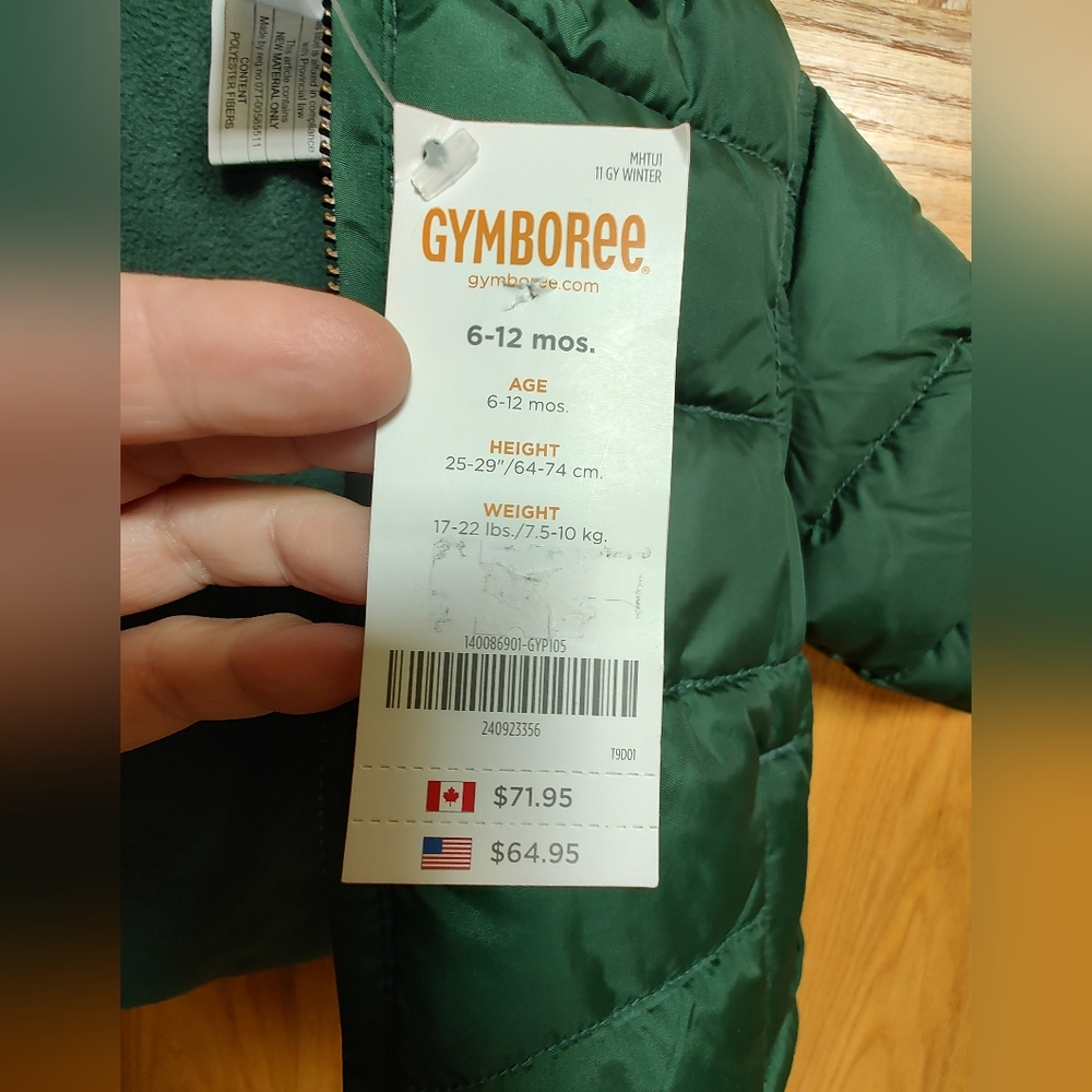 Gymboree Green Puffer Jacket with Hood and Quilted Design, Fleece Lining - Picture 7 of 7